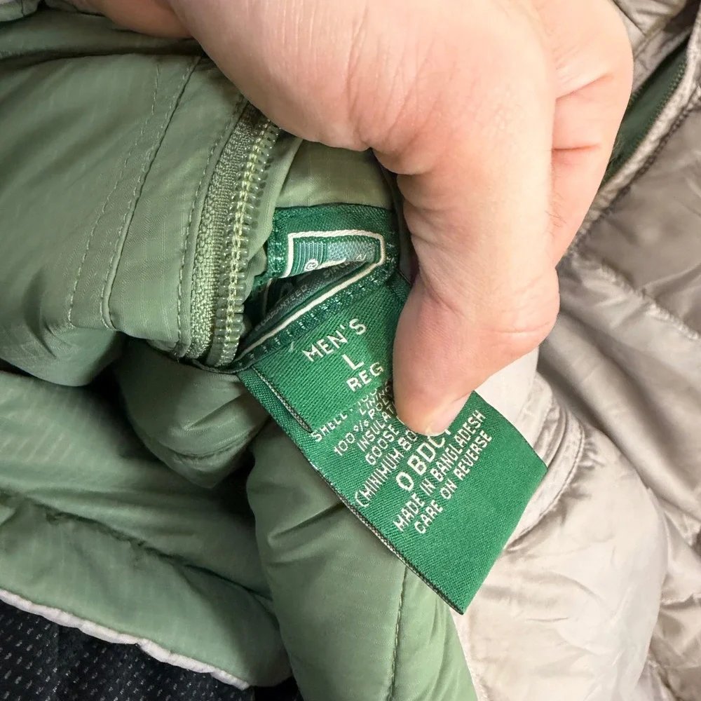 LL Bean Mens Puffer Vest Large Tan Olive Green Quilted Down Insulated 0BDC7